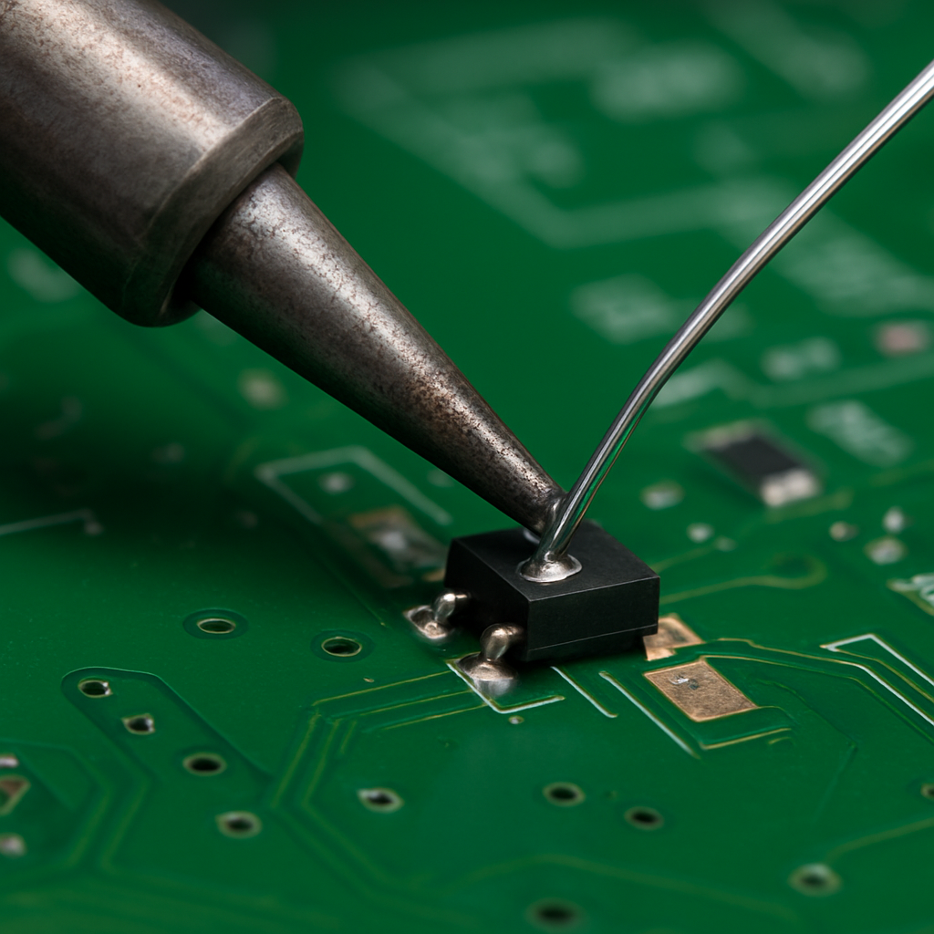 Nahaufnahme: Lötkolben erwärmt Pad und Beinchen eines Bauteils, feiner Lotdraht geführt in den Wärmesaum