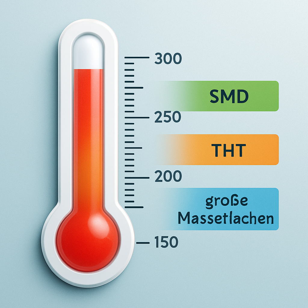 Grafische Darstellung (Thermometer-Skala) mit empfohlenen Temperaturbereichen für SMD, THT und große Masseflächen