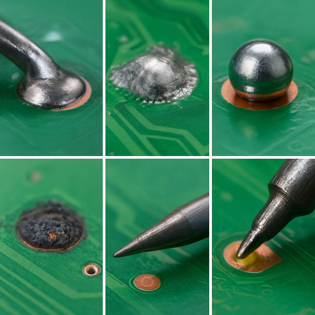 Sechs kleine Foto-Teaser: gute Lötstelle, kalte Lötstelle, Lotkugel, verbranntes Pad, saubere Spitze, Flussmittelauftrag