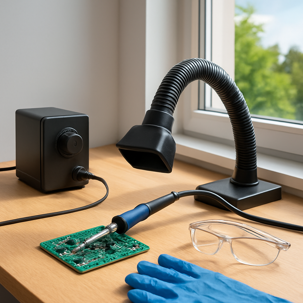 Arbeitsplatz mit kleiner Absaugung direkt neben der Lötstelle, geöffneter Fensterlüftung und Handschuhen/Brille am Arbeitsplatz