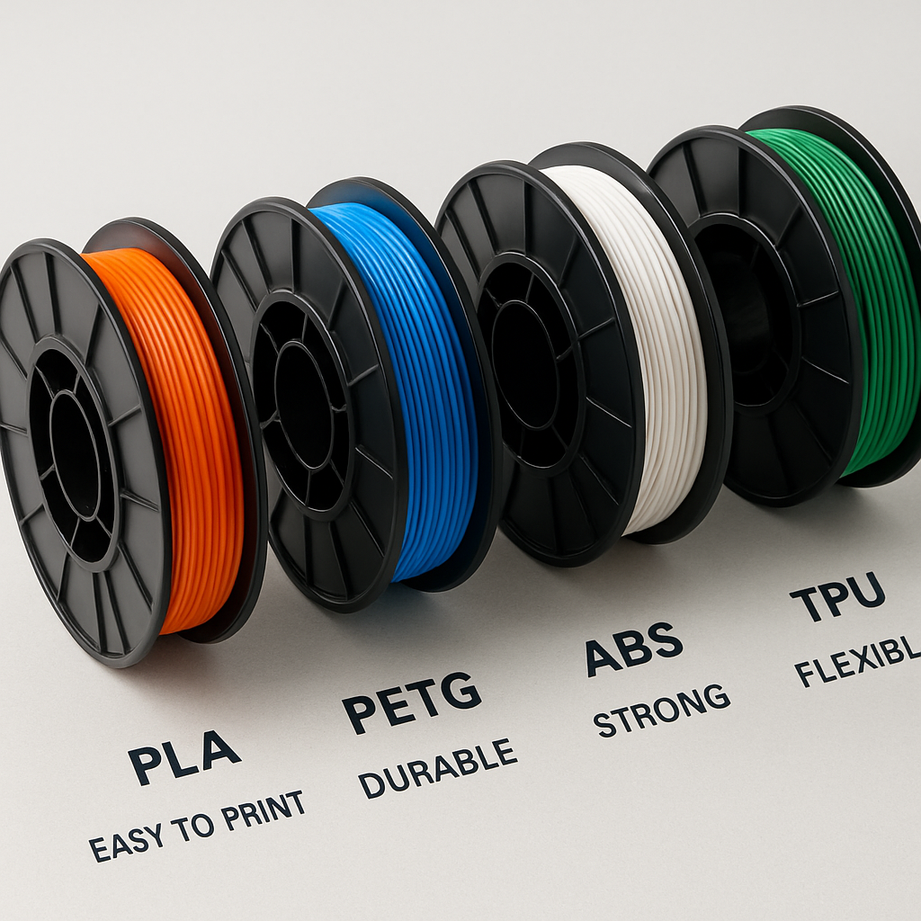 Mehrere Filamentspulen (PLA, PETG, ABS, TPU) nebeneinander mit kurzen Beschriftungen zu den Eigenschaften