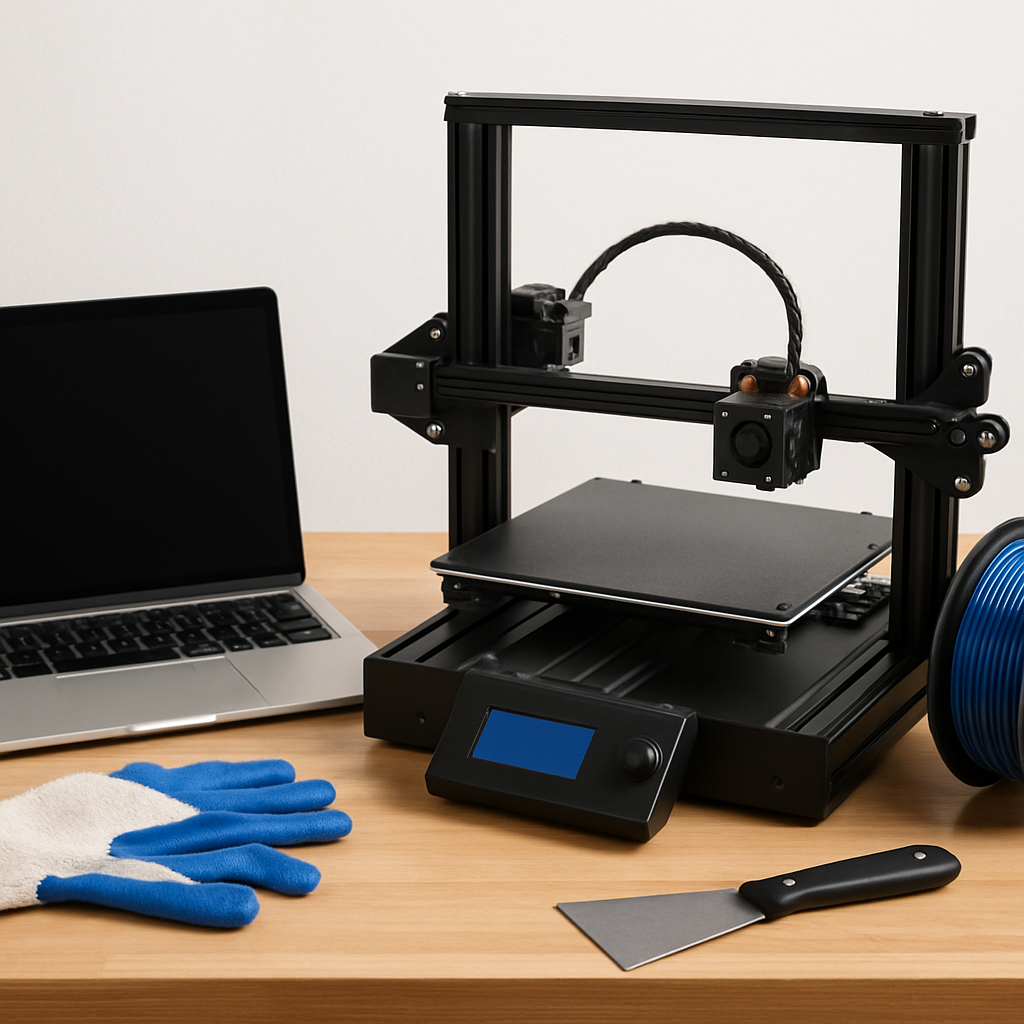 Werkbank mit Einsteiger-FDM-Drucker, Laptop, Spachtel, Filamentrolle und Handschuhen