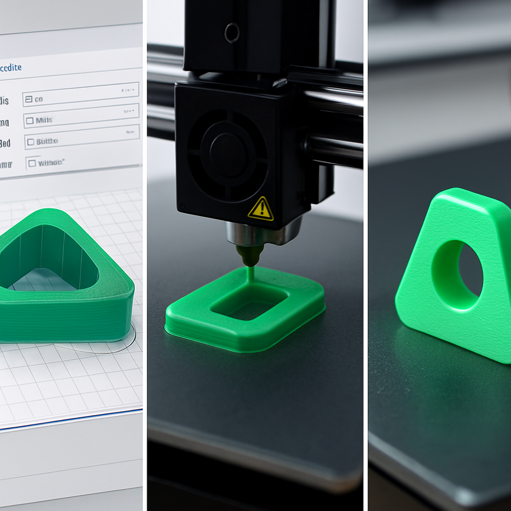 Sequenzbilder: Slicer-Einstellung, Druckbeginn mit guter ersten Schicht, fertiges Objekt auf dem Bett