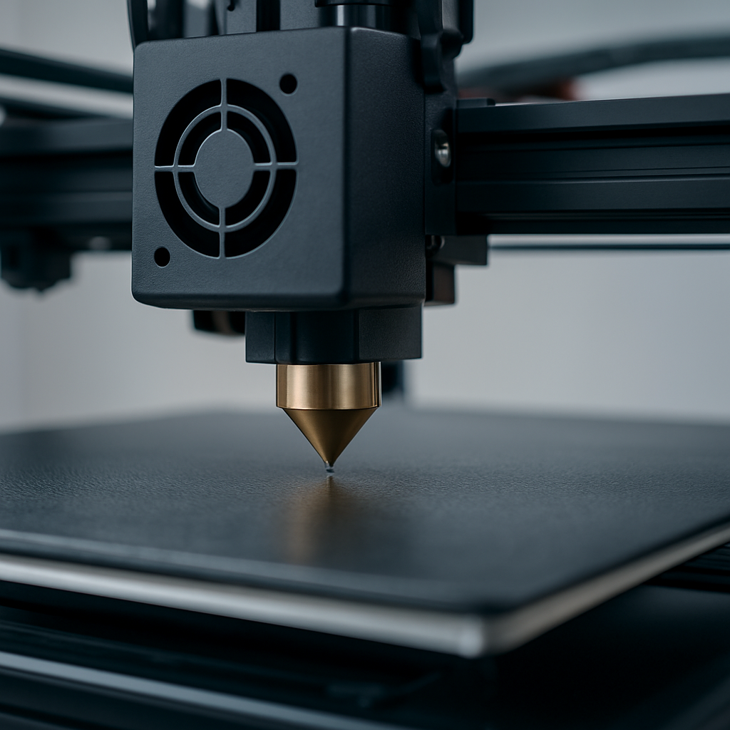 Close-up einer Düse und eines Druckbetts während Nivellierung, mit Fokus auf Düsenabstand