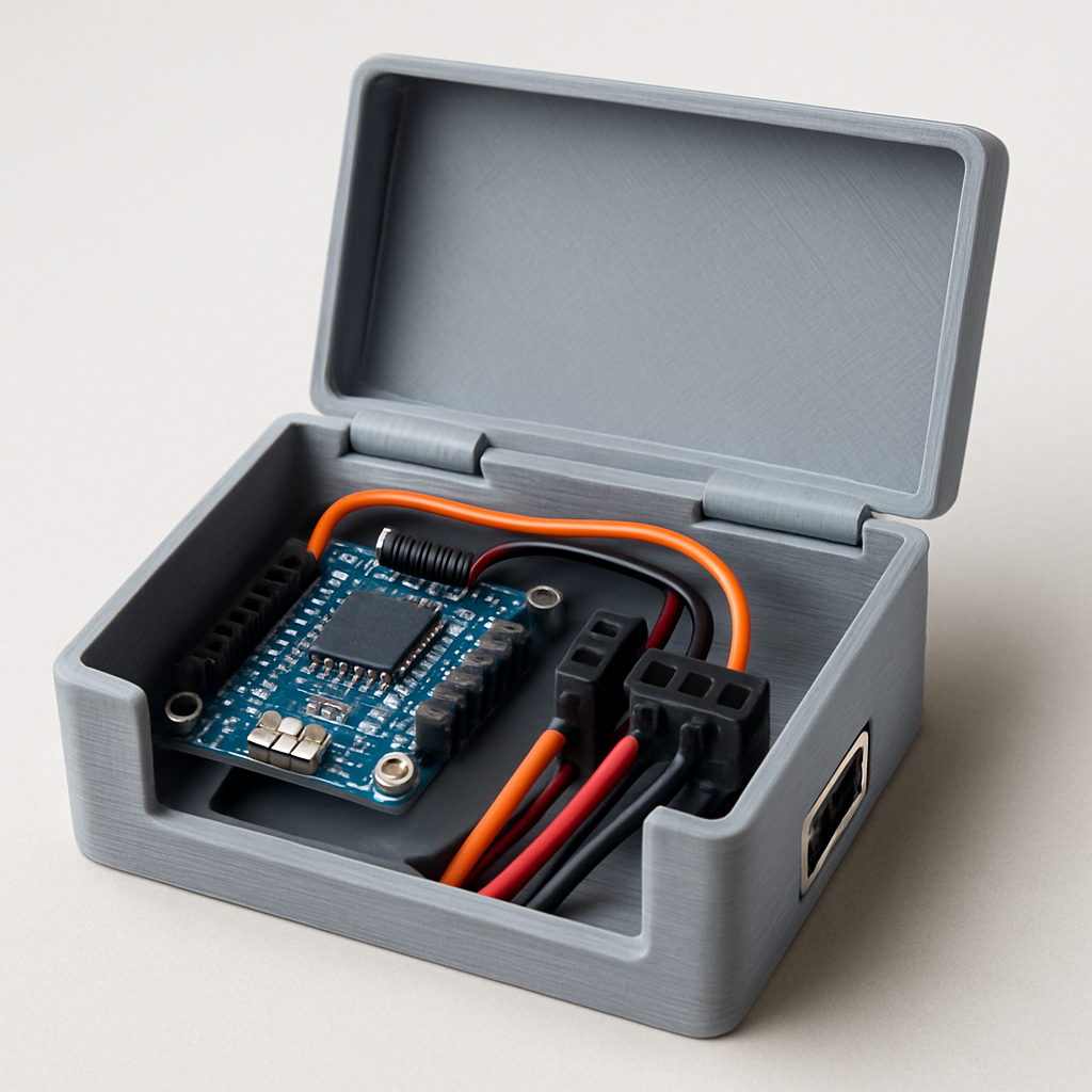 Gedrucktes Gehäuse mit eingebautem Mikrocontroller, Anschlüssen und Kabeln, mit geöffnetem Deckel zur Ansicht der Innenaufteilung