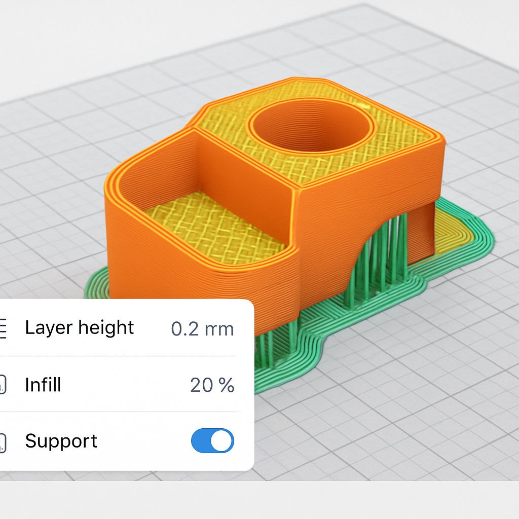 Screenshot-ähnliche Darstellung eines Slicers mit Markierungen für Schichthöhe, Infill und Support