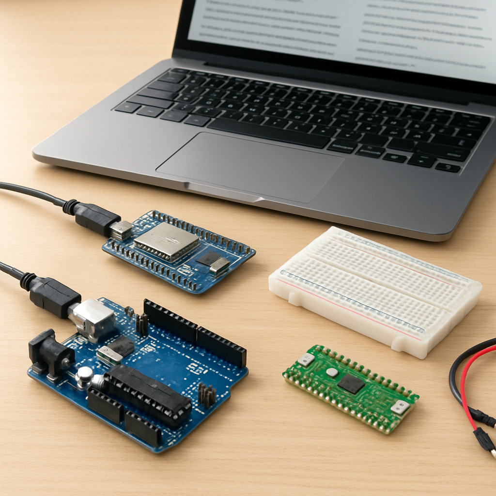 A hobbyist desk with multiple development boards (ESP32, Arduino Uno, Raspberry Pi Pico), USB cables, breadboard and a laptop showing project notes
