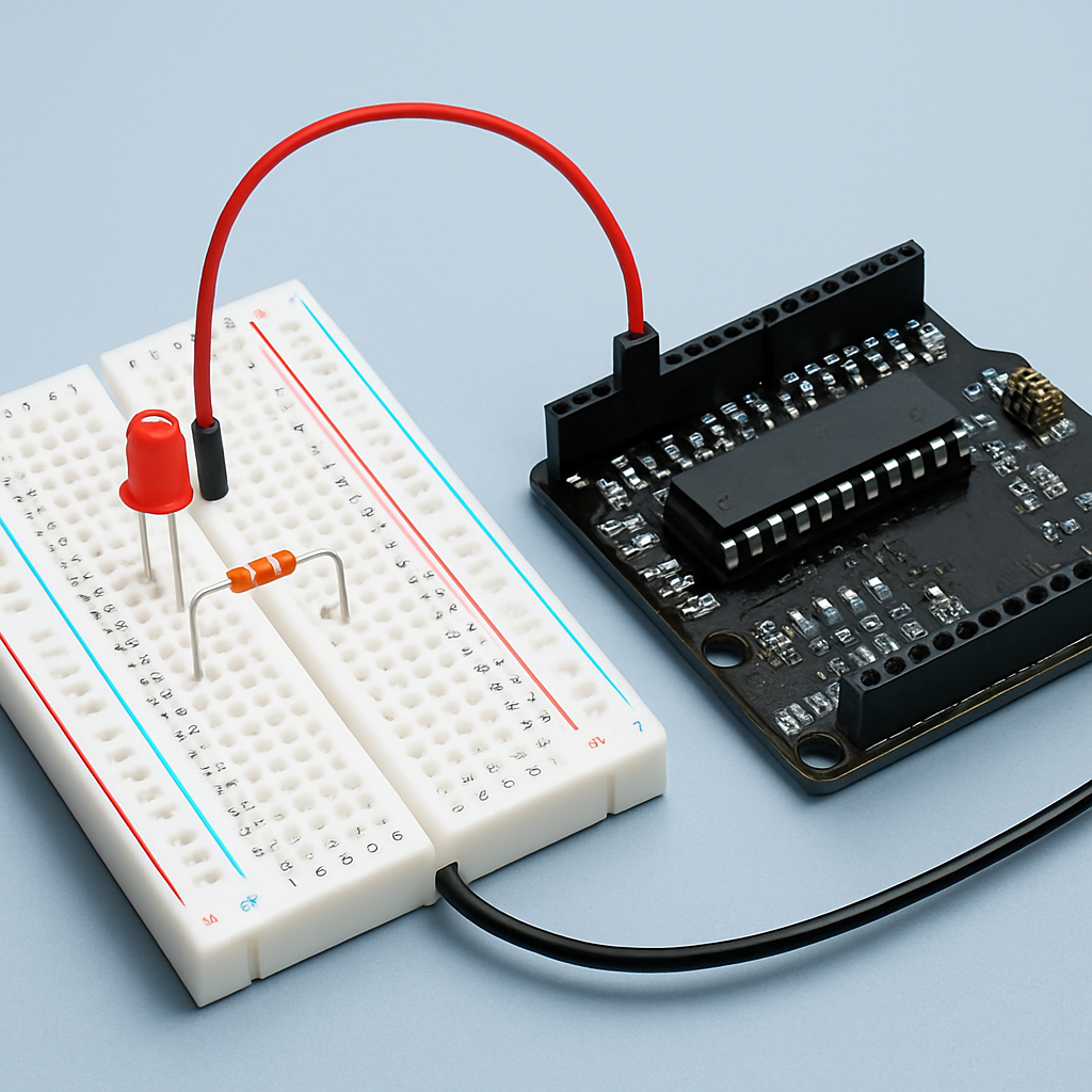 Annotated breadboard diagram showing an LED with resistor connected to a microcontroller pin and GND, clearly indicating anode/cathode and resistor value