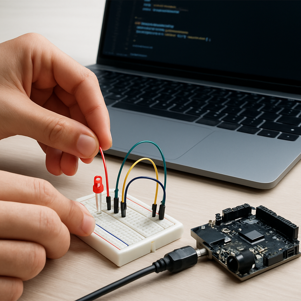 Cropped photo of hands wiring an LED circuit on a breadboard next to a connected <a href=