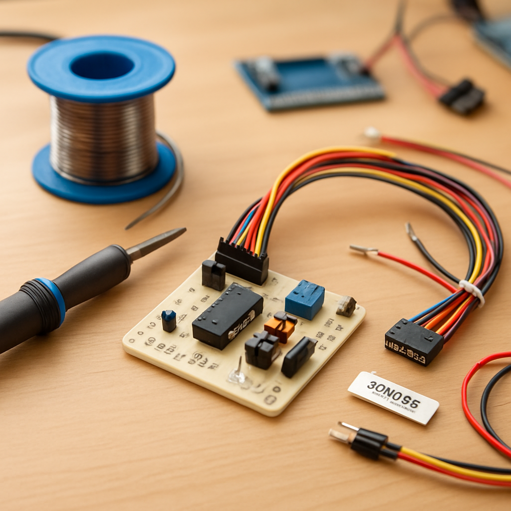 Workshop scene showing a small workbench with soldering iron, spool of solder, neat wiring harnesses and labeled components - emphasizing safe, tidy work