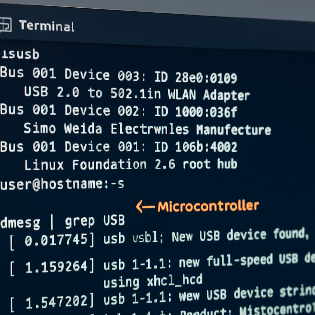 Terminal window screenshot showing lsusb and dmesg outputs with a connected microcontroller, annotated for clarity