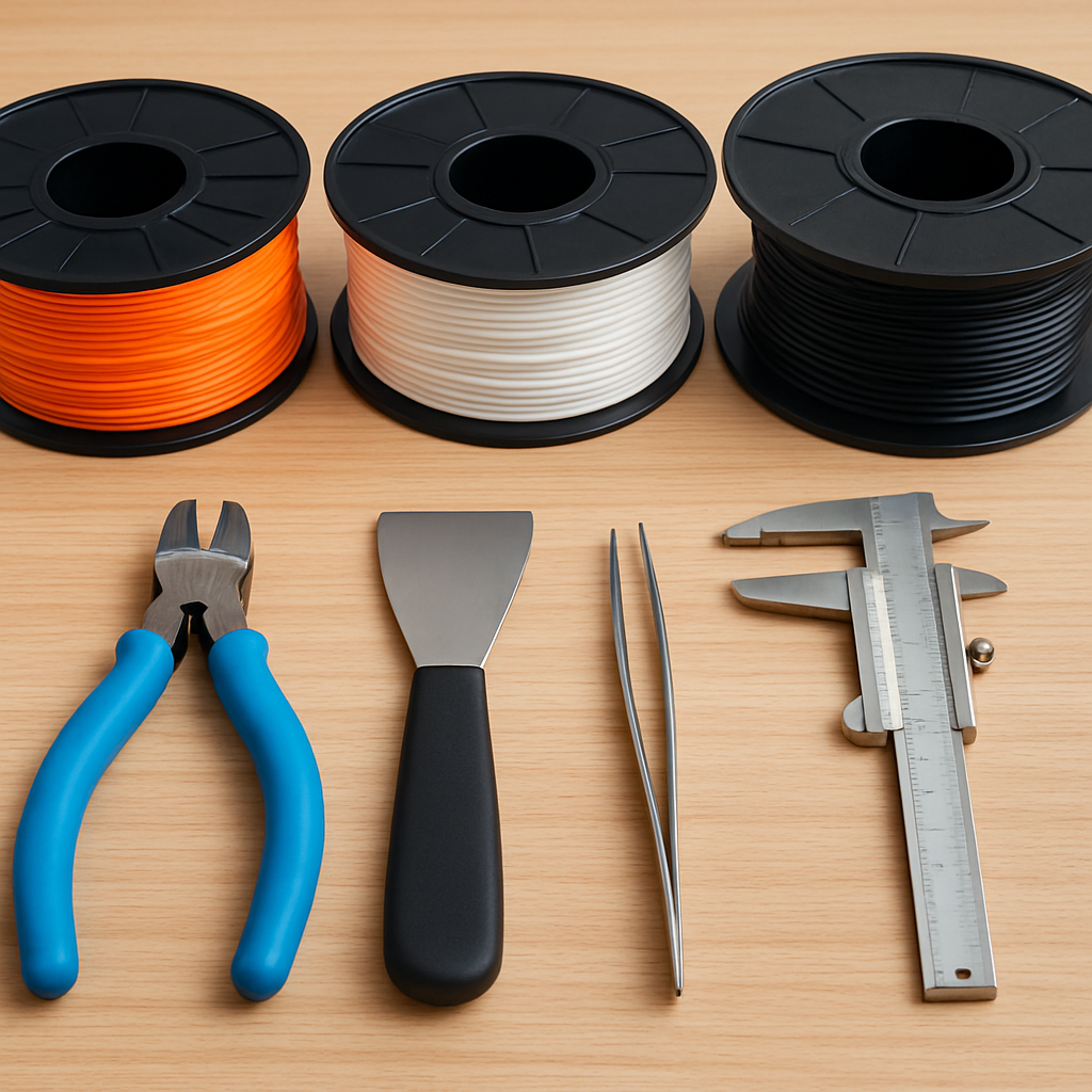 Nahaufnahme einer sauberen Material- und Werkzeug-Station: Filament-Spulen (PLA, PETG, TPU), Seitenschneider, Spachtel, Pinzette und ein Messschieber auf einem Werkbrett