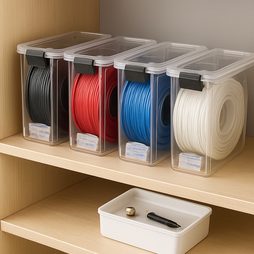 Ein Schrank mit mehreren luftdichten Filament-Boxen und Silikagel-Beuteln; daneben eine kleine Pflege-Box mit Ersatzdüse und Reinigungswerkzeug