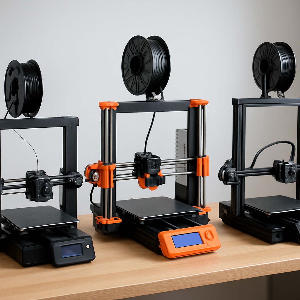 Ein Vergleichsbild mit drei typischen Einsteiger-FDM-Druckern nebeneinander auf einem Werkbank-Tisch