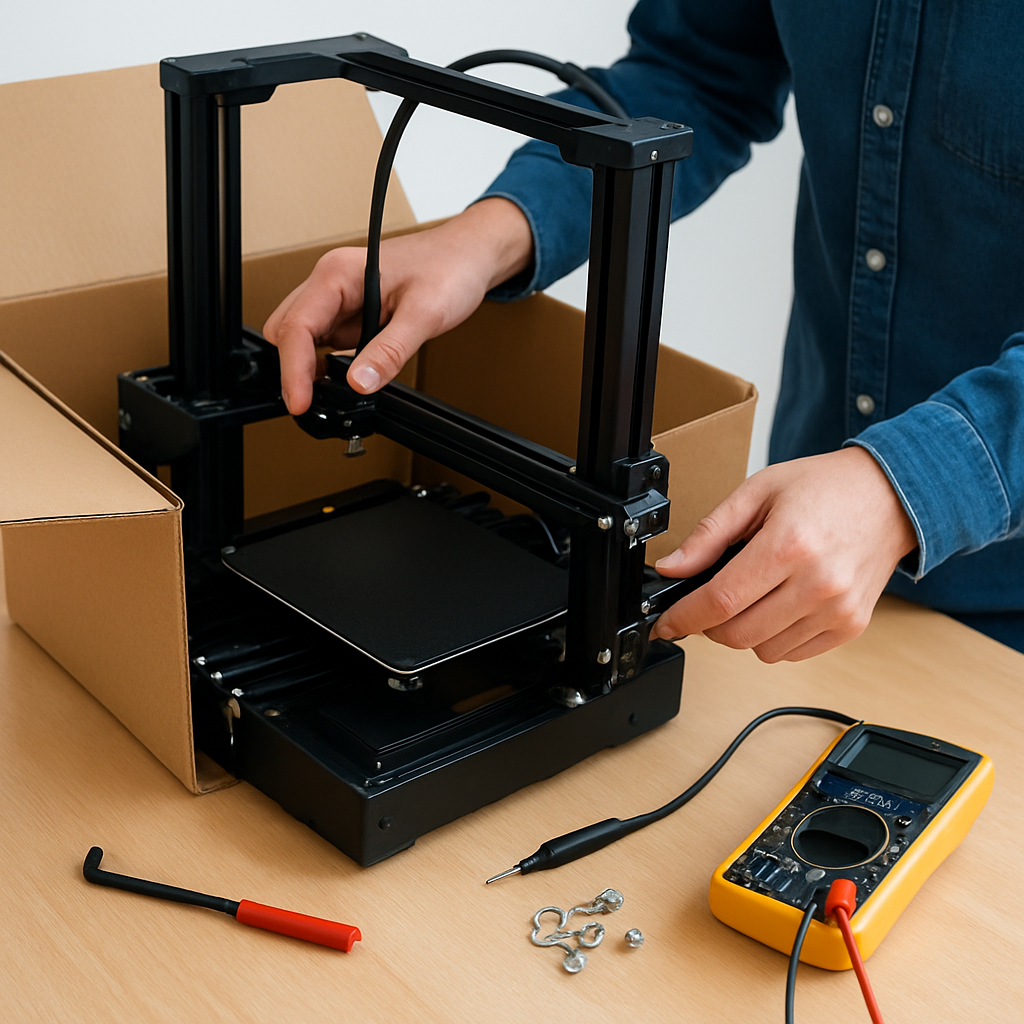 Schritt-für-Schritt-Aufbau: Jemand zieht vorsichtig ein Gerät aus der Verpackung, prüft Schrauben und Riemenspannung mit einem Inbusschlüssel und einem Messgerät