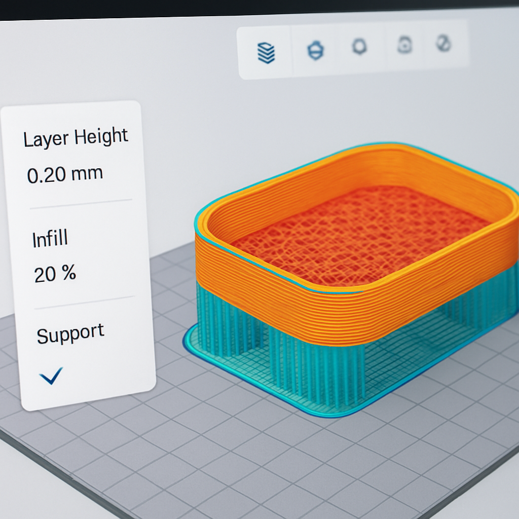 Bildschirmaufnahme einer Slicer-Software (schematisch), die ein Modell in Schichten zeigt und Einstellungen wie Schichthöhe, Infill und Stützstrukturen hervorhebt