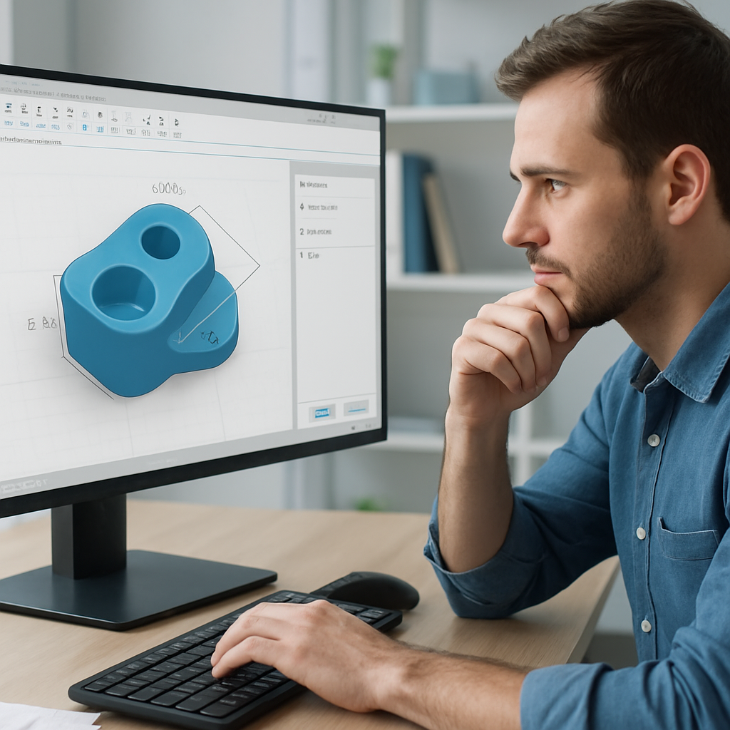 Ein Designer prüft ein 3D-Modell in einer CAD-Software auf Maße und Wandstärken, mit einem offenen Exportdialog für STL und 3MF sichtbar
