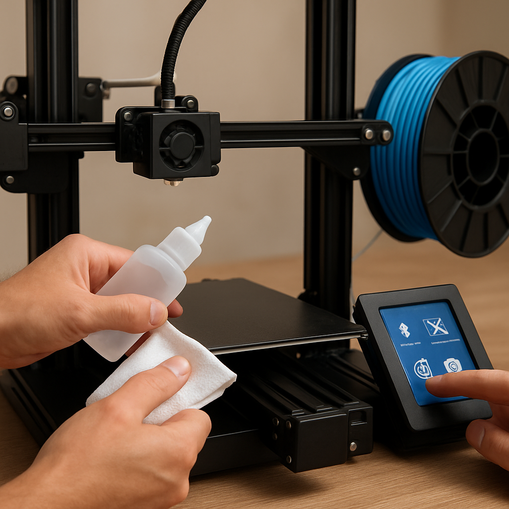 Eine ruhige Szene: Jemand reinigt das Druckbett mit Isopropanol, lädt Filament und startet einen kleinen Kalibrierwürfel auf dem Touchscreen des Druckers