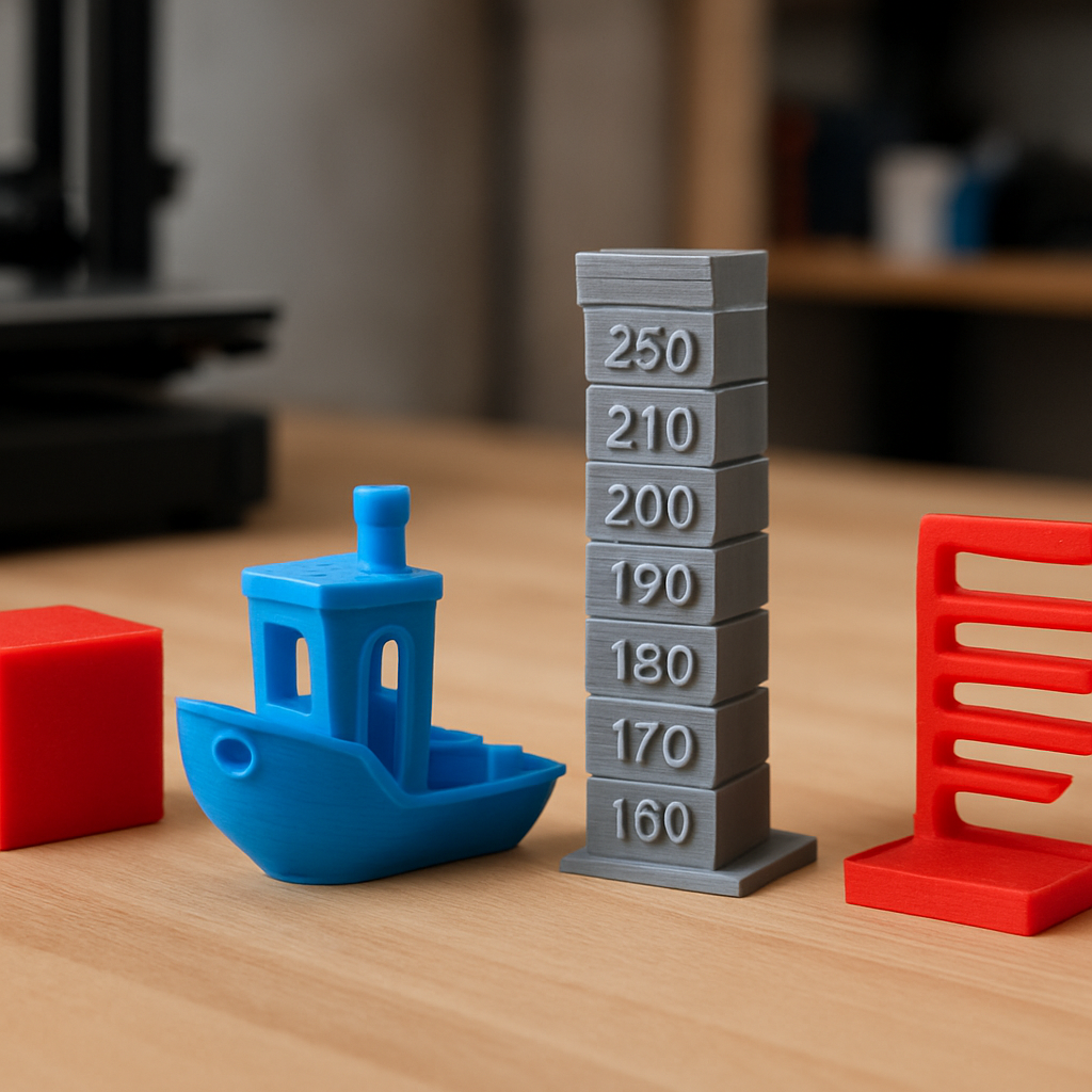 Vier kleine Testprints auf einer Werkbank: Würfel, Benchy, Temperaturturm und ein Retract-Testobjekt