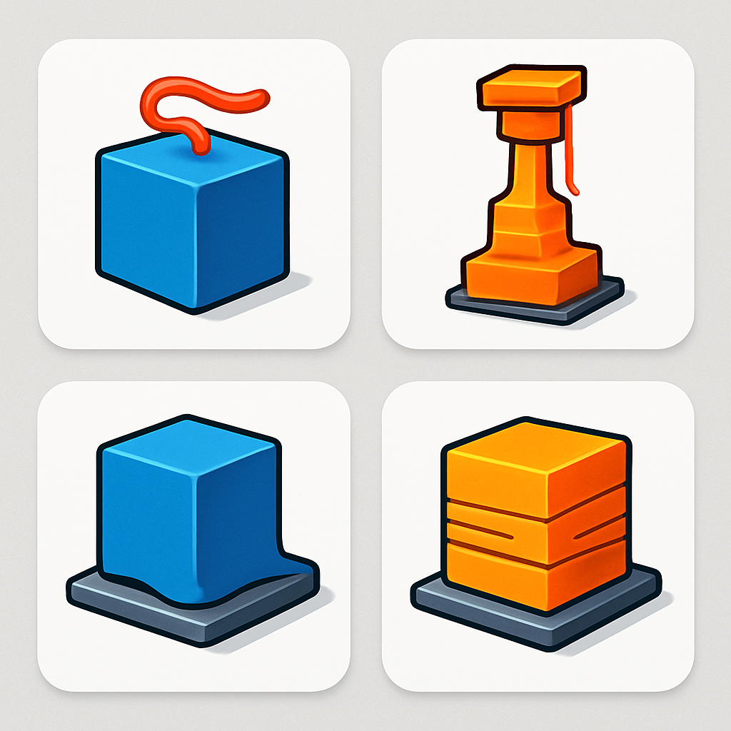 Infografik-stil: vier Symbole mit Kurzlösungen zu Haftungsproblemen, Stringing, Warping und Layer-Shift