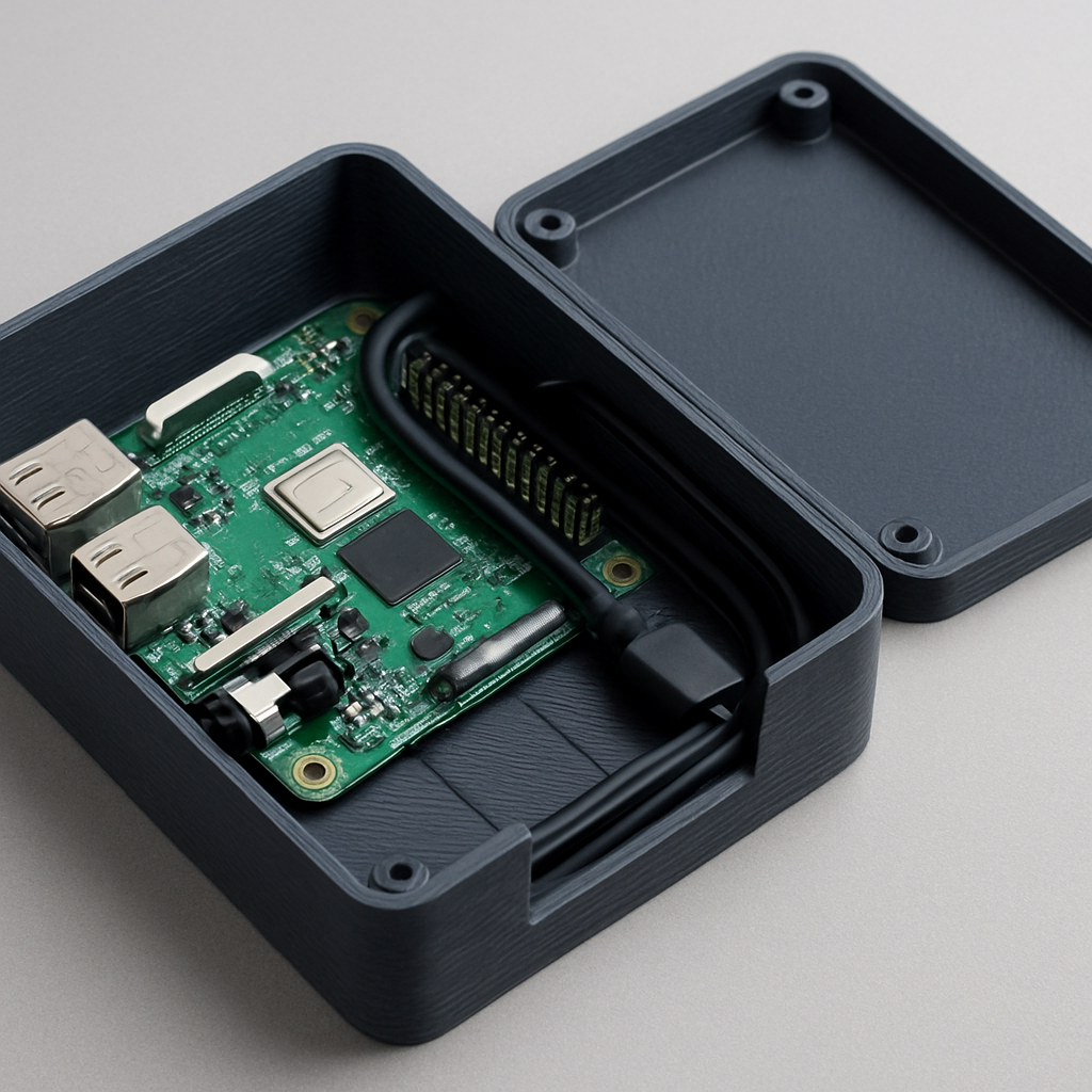 Ein offenes, selbstgedrucktes Gehäuse mit einer montierten Raspberry Pi Platine, Kabel sauber geführt und Schraubdome für M3 sichtbar