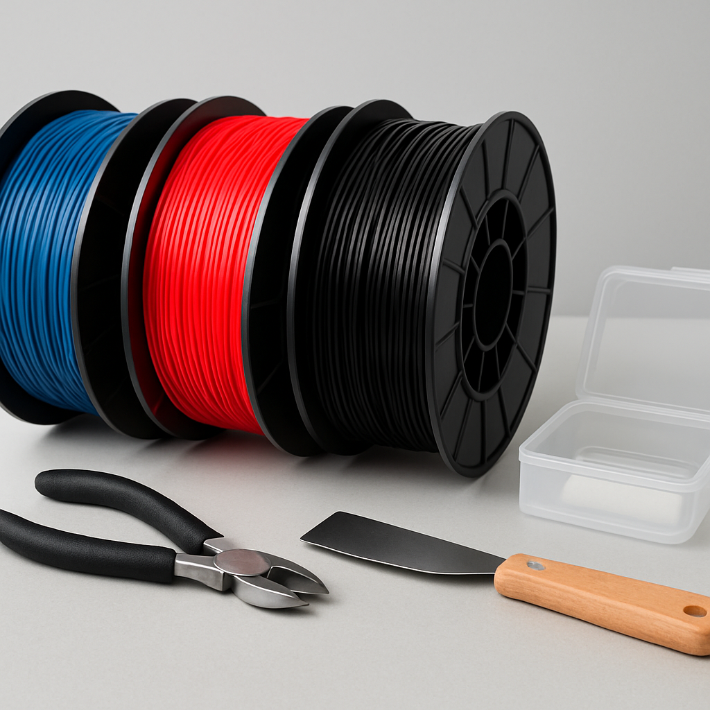 Collage mit PLA-, PETG- und TPU-Spulen aufgereiht, daneben kleines Werkzeug-Set (Seitenschneider, Spachtel), Trockenbox sichtbar