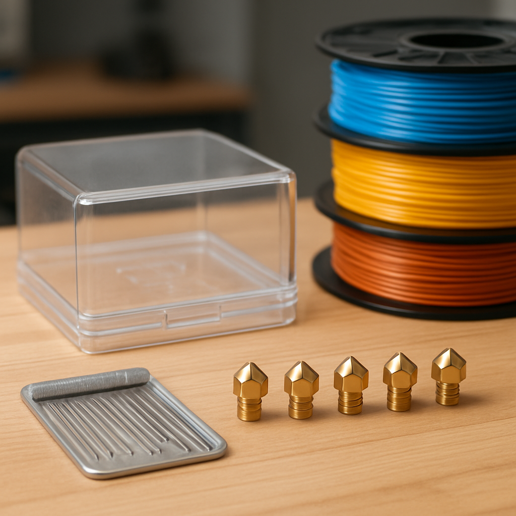 Verschiedene Düsen, Düsenreinigungs-Set, Trockenbox und Filament-Spulen auf einem Werkstatt-Tisch