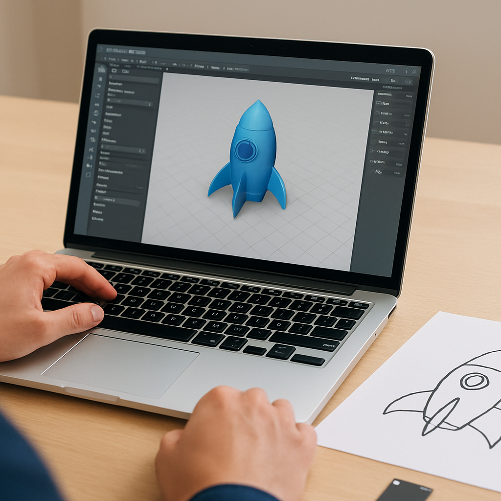Benutzer am Laptop, Slicer geöffnet, Modell in der Vorschau sichtbar; auf dem Tisch liegt eine SD-Karte und ein Ausdruck zur Vorschau