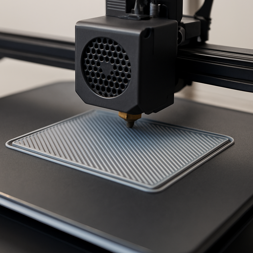 Nahaufnahme einer sauberen ersten Schicht auf dem Druckbett, Linien zeigen ideale Haftung und leichte ‚Plattgedrücktheit‘