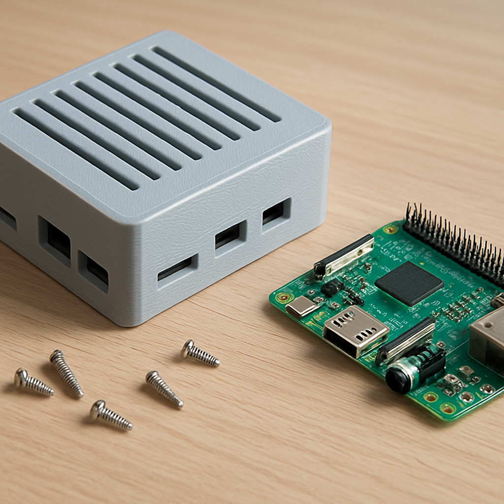 Ein gedrucktes Raspberry-Pi-Gehäuse auf einem Tisch, daneben eine kleine Platine und Schrauben; das Gehäuse zeigt Lüftungsschlitze und passgenaue Ausschnitte