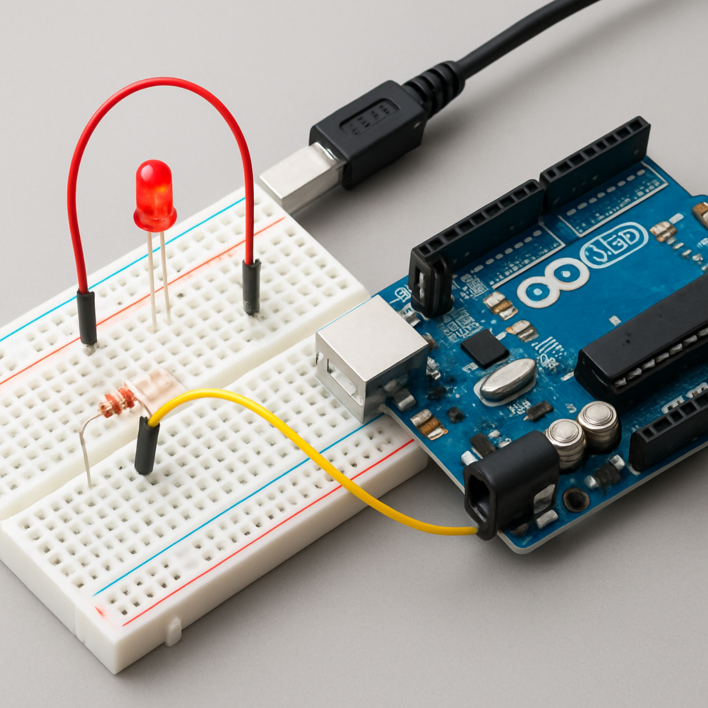 Nahaufnahme eines Breadboards mit LED, Widerstand, Jumper-Kabeln und einem angeschlossenen Arduino Uno - klare, farblich markierte Leitungen (rot=VCC, schwarz=GND)