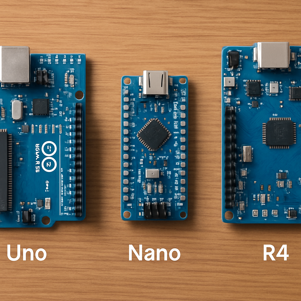 Verschiedene Arduino-Boards nebeneinander (Uno, Nano, moderner R4) auf Holzuntergrund - Beschriftungen der Boards gut lesbar