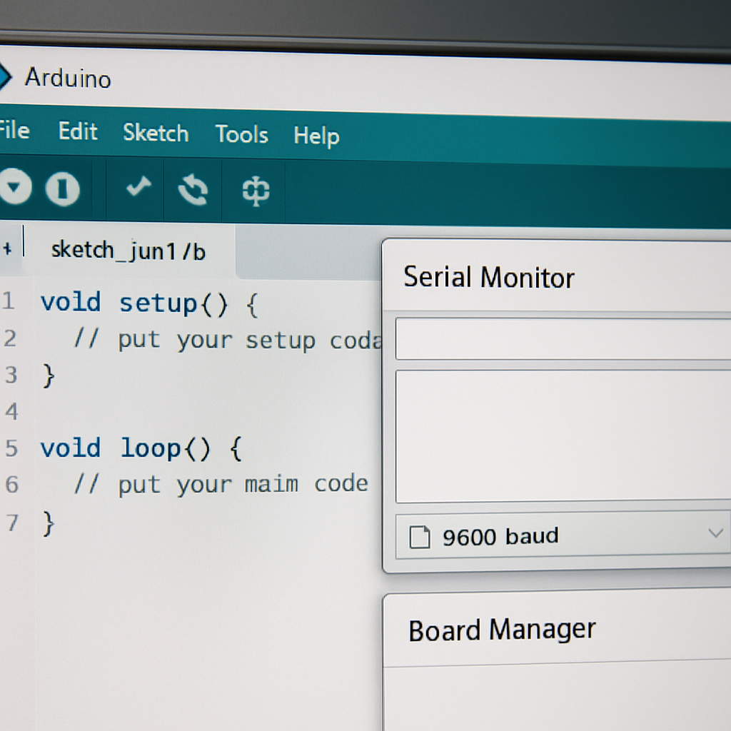 Screenshot-ähnliche Darstellung der Arduino IDE 2.x mit geöffnetem Serial Monitor und hervorgehobenem Board-Manager
