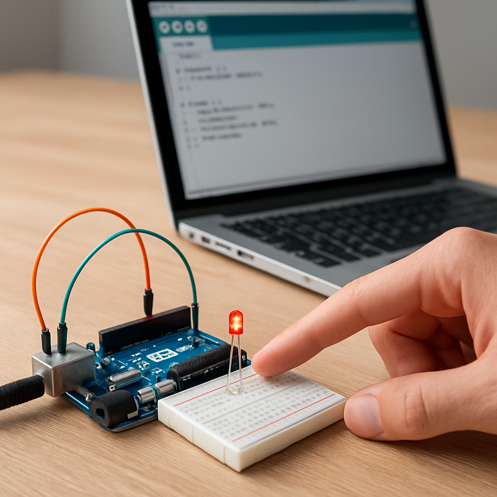 Einsteiger-Demo: Hand zeigt auf das Breadboard mit blinkender LED, im Hintergrund Laptop mit offenem Blink-Sketch