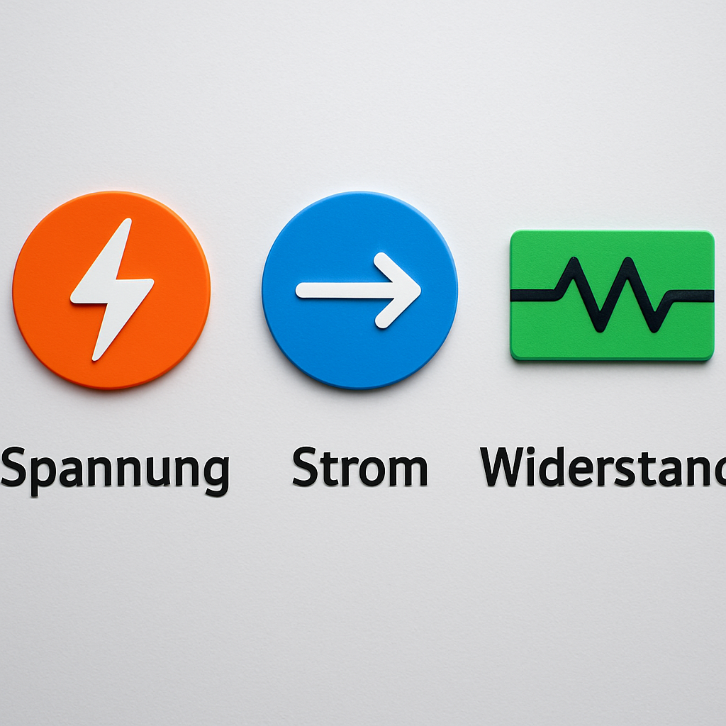 Grafische Vereinfachung des Ohmschen Gesetzes: Spannung, Strom, Widerstand - einfache Icons mit erklärenden Texten