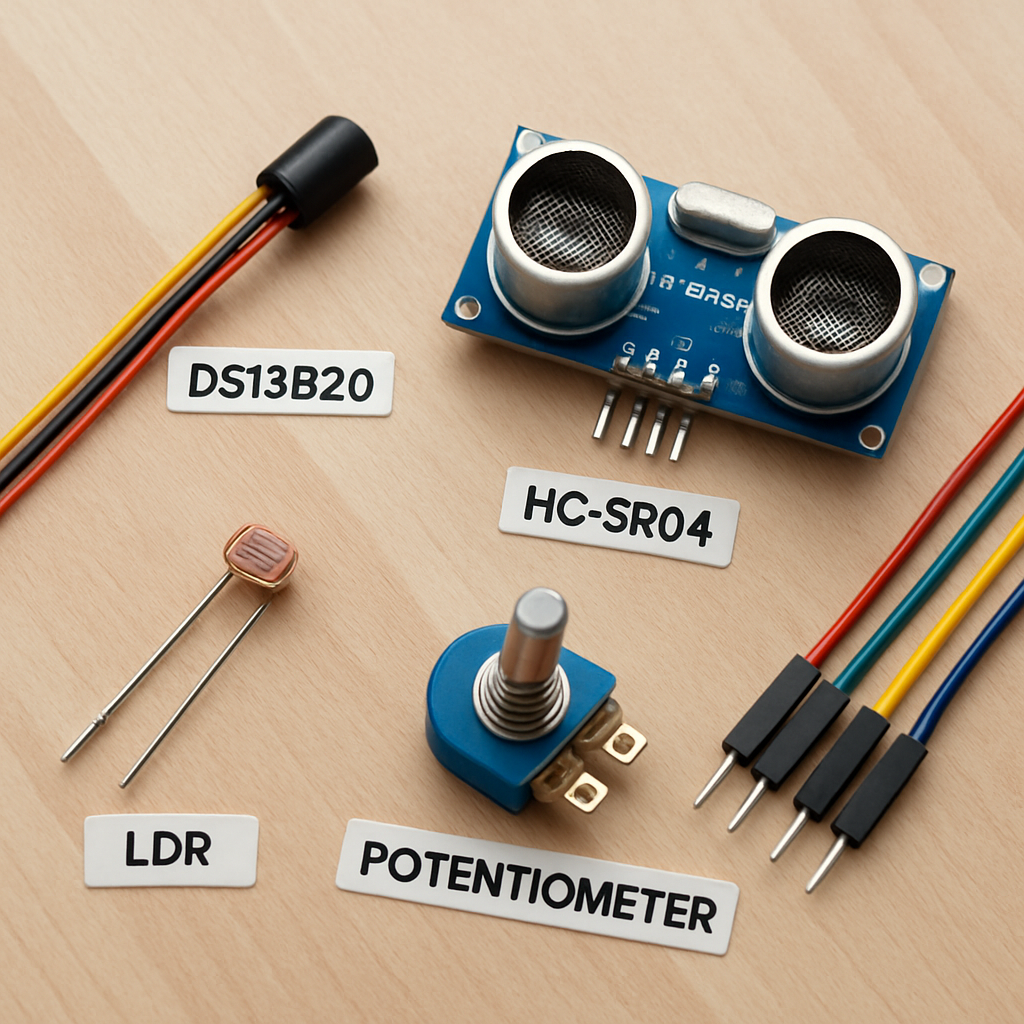 Mehrere typische Einsteiger-Sensoren auf einem Tisch: DS18B20, HC-SR04, LDR, Potentiometer - Kabel und Beschriftungen sichtbar
