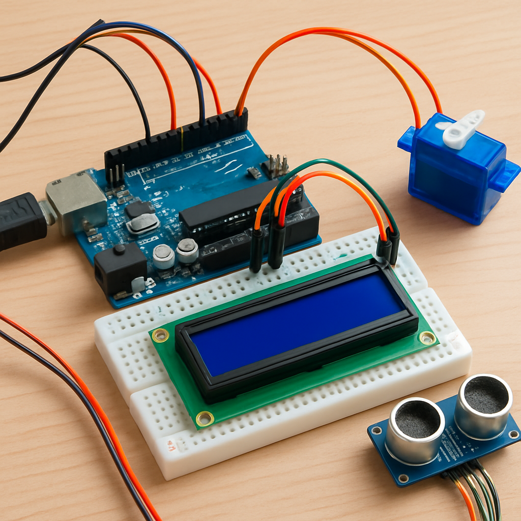 Kleine Projektserie: Breadboard mit Display, Servo und Sensor - zeigt möglichen Aufbau für fortschreitende Projekte