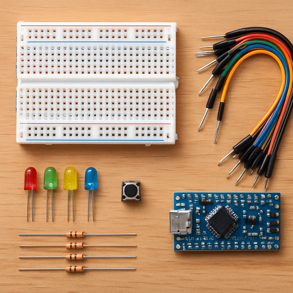 Nahaufnahme einer kleinen Starterausstattung: Breadboard, Jumperkabel, LEDs, Widerstände, ein einfacher Taster und ein Microcontroller-Board auf einem Holzuntergrund