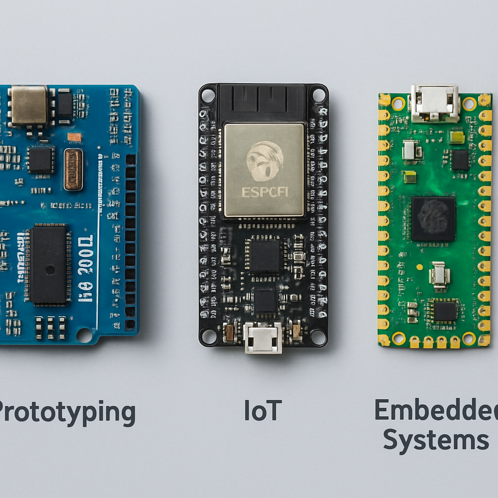 Vergleichsgrafik dreier Boards nebeneinander: ein Arduino Uno R4, ein ESP32‑Devboard und ein Raspberry Pi Pico – Beschriftungen für typische Einsatzgebiete