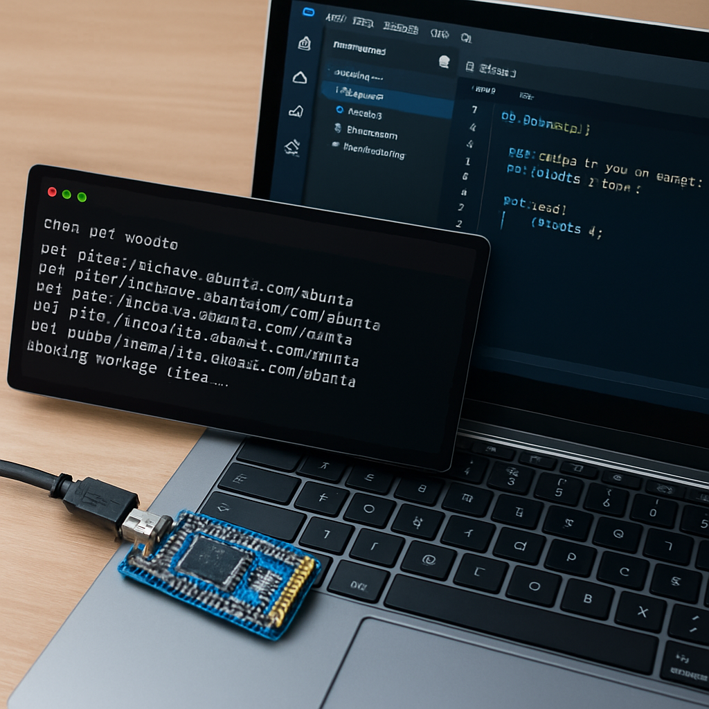 Screenshot-Style Darstellung: Terminalfenster mit apt‑Befehl, VS Code im Hintergrund und ein an USB angeschlossenes Mikrocontroller‑Board auf dem Schreibtisch