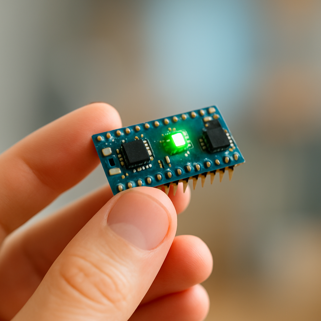 Foto einer Hand, die ein kleines Board mit blinkender Onboard-LED hält, Hintergrund unscharf – Ausdruck eines ‚Erfolgsgefühls‘