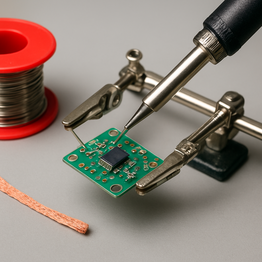 Schritt‑für‑Schritt Foto: Lötstation mit feiner Spitze, ein kleines Sensor‑PCB auf einer dritten Hand, Lötzinn und Entlötlitze sichtbar