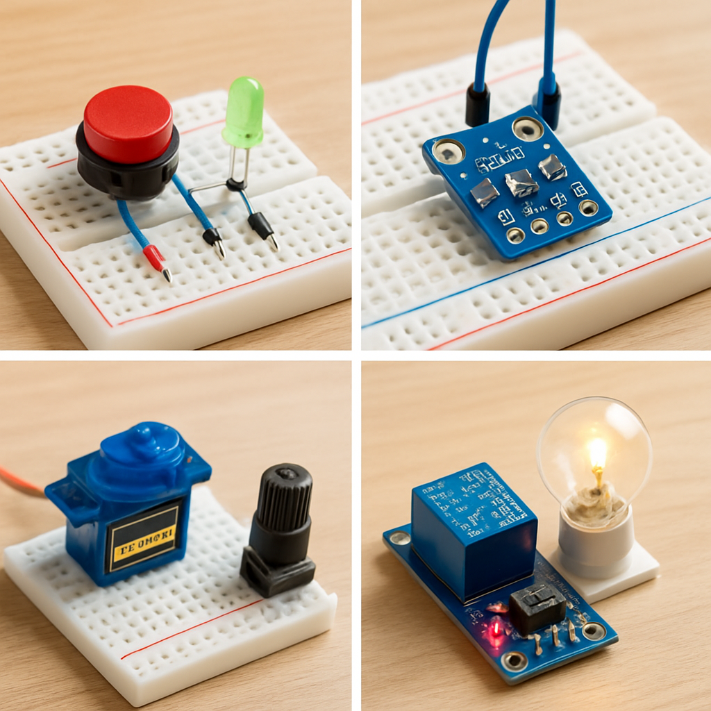 Collage aus vier kleinen Projektbildern: Taster+LED, BME280 an einem Breadboard, SG90‑Servo mit Potentiometer, Relaismodul neben einer kleinen Lampe