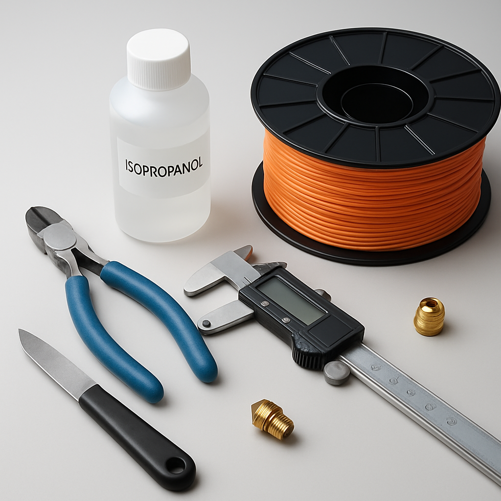 Kleines Set an Starterwerkzeugen: Seitenschneider, Spachtel, Messschieber, Ersatzdüse, Flasche Isopropanol und Rollen Filament