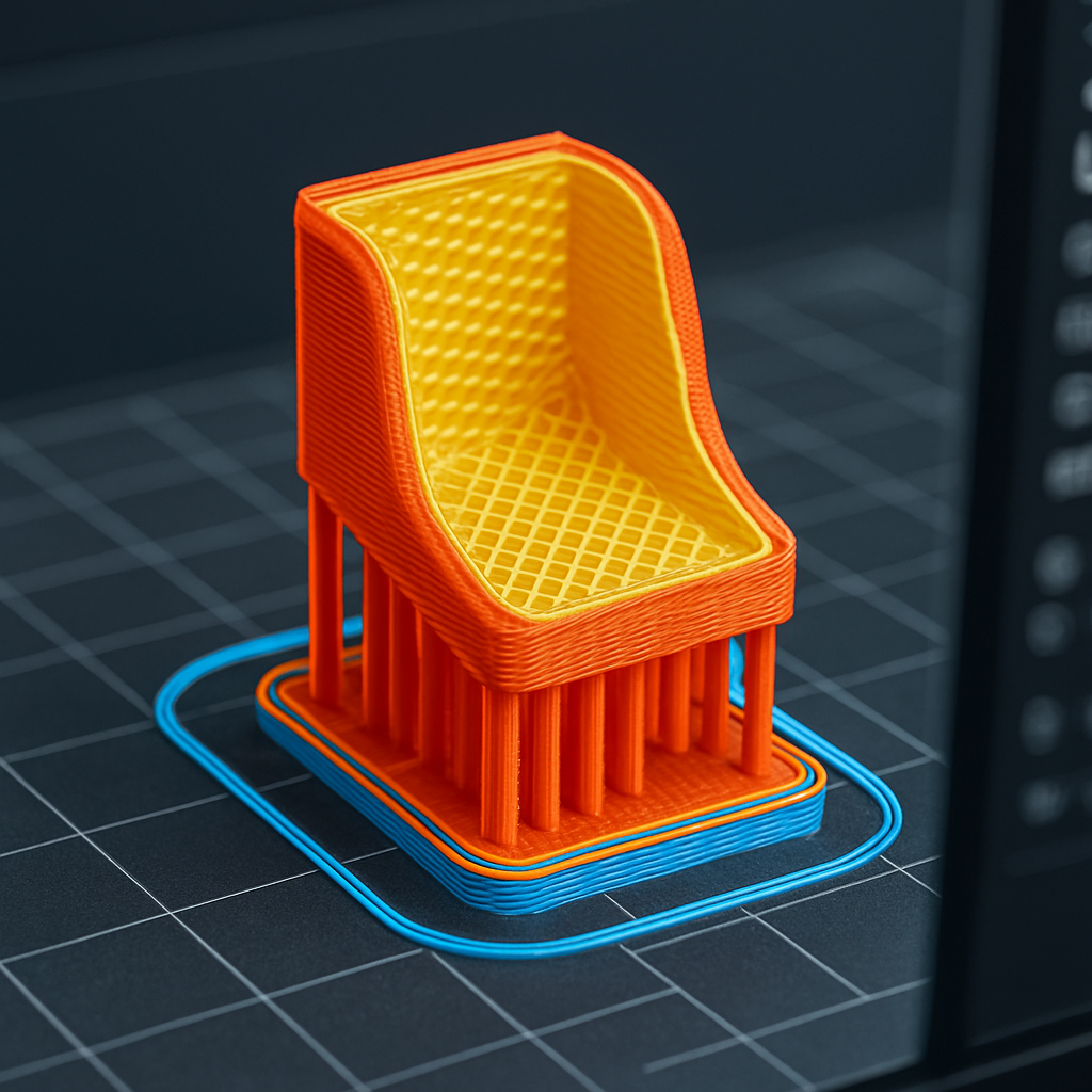 Close‑up einer Slicer‑Vorschau: Layer‑Ansicht eines Modells mit farblich hervorgehobenem Infill und Supports