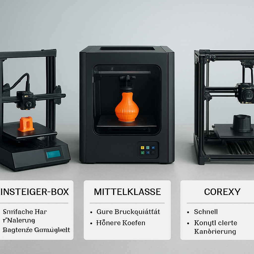 Vergleichsdarstellung: drei verschiedene Drucker‑Typen (Einsteiger‑Box, Mittelklasse mit geschlossenem Gehäuse, CoreXY Aufbau) mit kurzen Labels zu Stärken und Schwächen