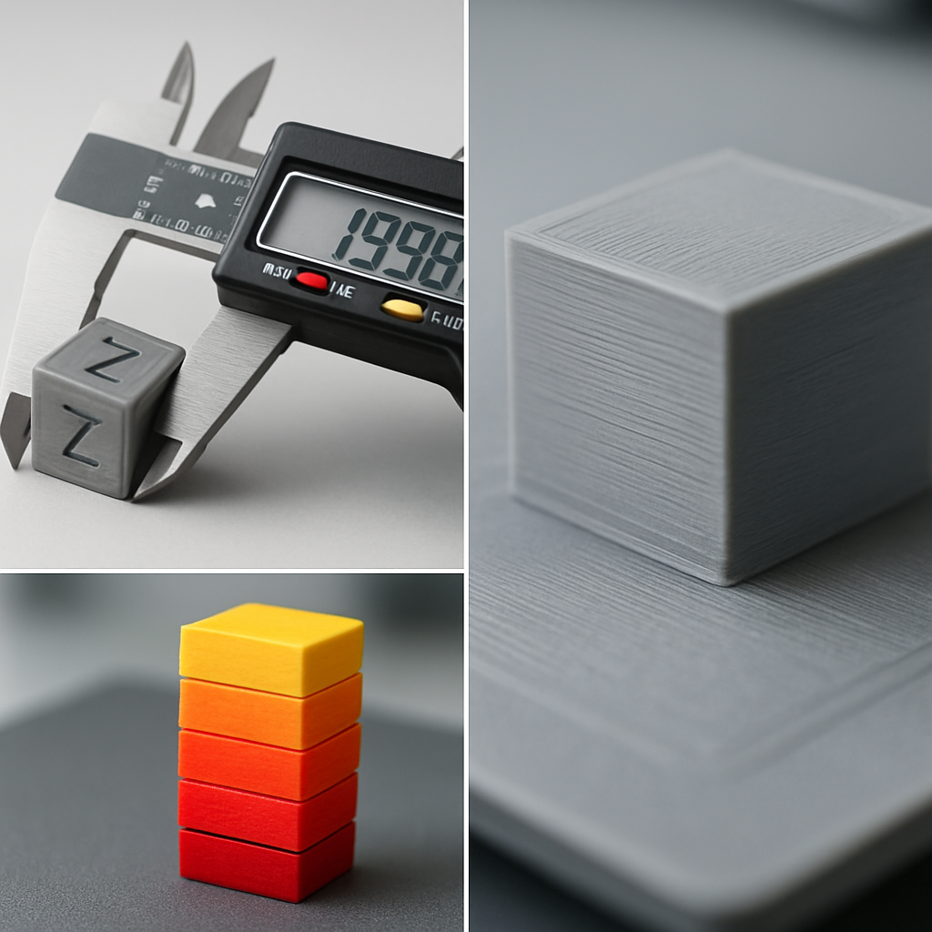 Fotoreihe: Messschieber an einem Kalibrierwürfel, Nahaufnahme der ersten Schicht mit korrektem Z‑Offset, Darstellung eines einfachen Temperaturturms