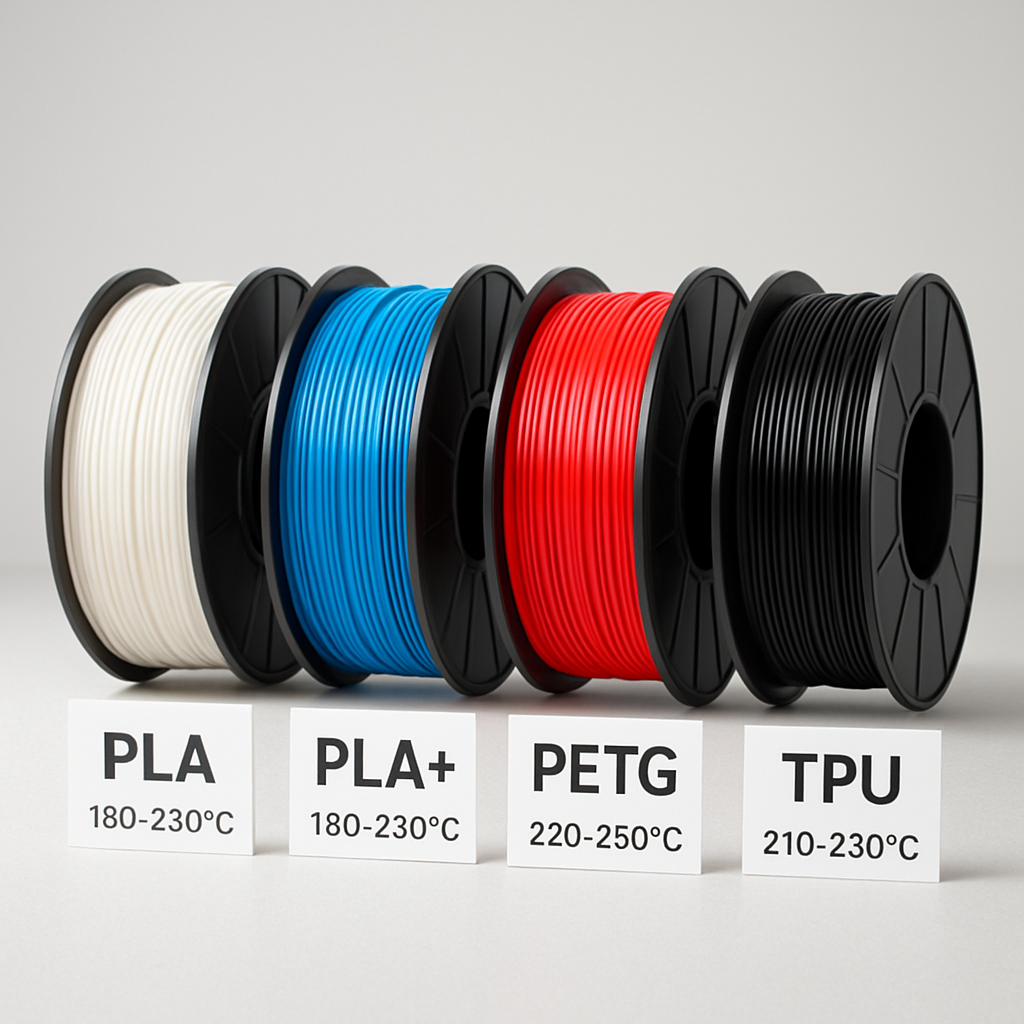 Vier Rollen Filament (PLA, PLA+, PETG, TPU) nebeneinander, jede mit kurzen Labels zu Drucktemperatur und typischer Anwendung