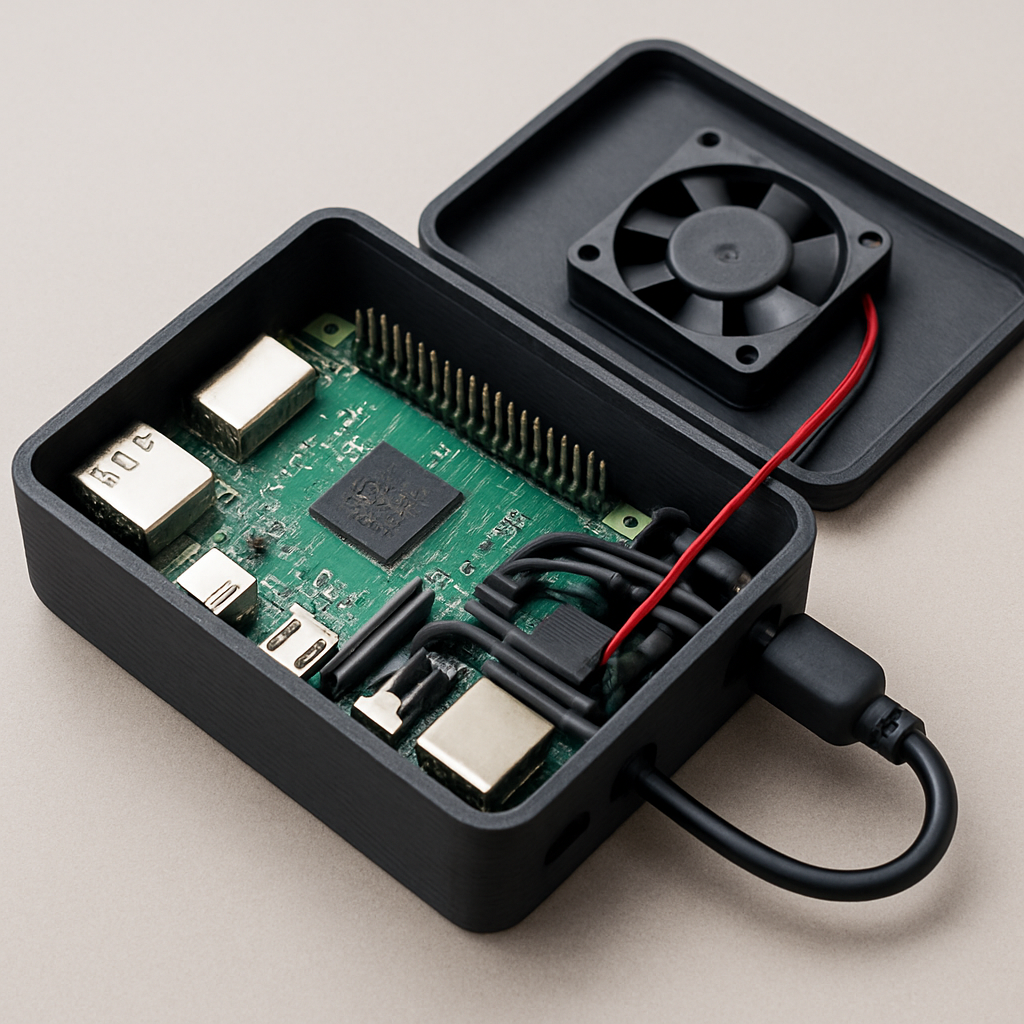 Gedrucktes Raspberry‑Pi‑Gehäuse geöffnet mit eingelöteten Schraubdomen, Kabelmanagement und eingebautem Lüfter