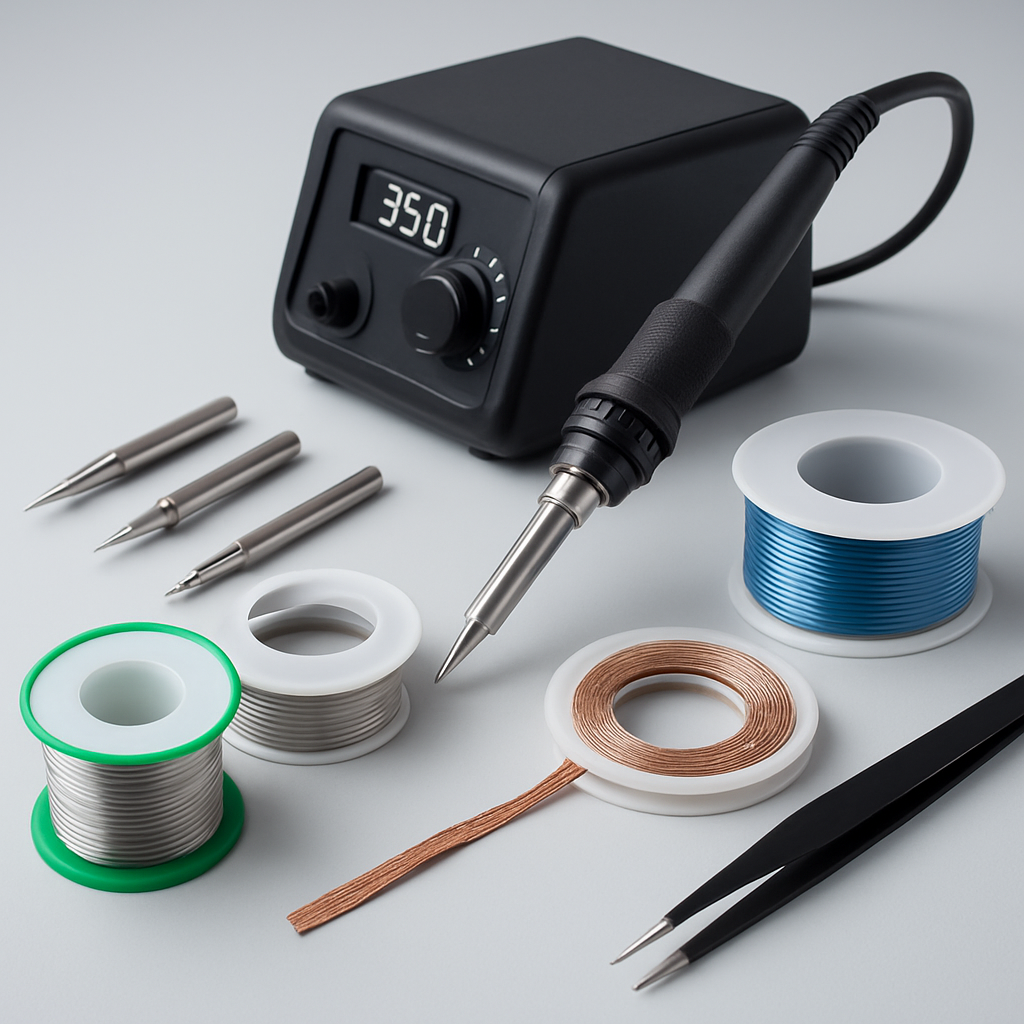 Nahaufnahme: Lötstation, verschiedene Lötspitzen, Rollen Lötzinn (bleifrei und bleihaltig), Entlötlitze und Pinzetten ordentlich arrangiert